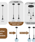 Chill Rustic Glass Mason Jar Pendant Light With Adjustable Cord, Big Round Canopy, 1 to 3-light options shown in blue, black finishes.