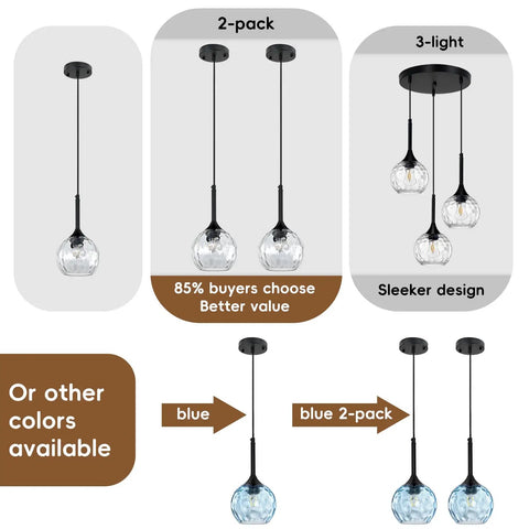 Chill Rustic Glass Mason Jar Pendant Light With Adjustable Cord, Big Round Canopy, 1 to 3-light options shown in blue, black finishes.