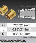 Two brass 1/2 in NPT male to 1/8 in NPT female reducing pipe fittings with hex heads