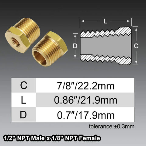 Two brass 1/2 in NPT male to 1/8 in NPT female reducing pipe fittings with hex heads