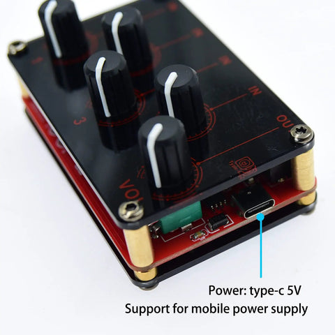 Four Channel One Eighth Inch Stereo Passive Mixer with volume knobs, Type-C power input, black and red 3.5mm audio switch box.