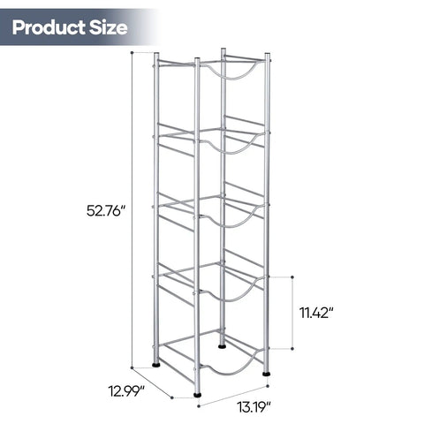 5 Tier Water Jug Rack for 5 Gallon Bottles With Detachable Shelves, Space Saving Water Bottle Holder Organizer for Kitchen, Office, Break Room, Classroom, Silver Finish