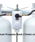 Flame King KT18ACR-2 two-stage auto-changeover propane regulator between twin white propane tanks with black hoses