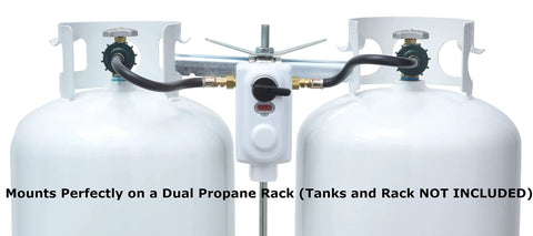Flame King KT18ACR-2 two-stage auto-changeover propane regulator between twin white propane tanks with black hoses