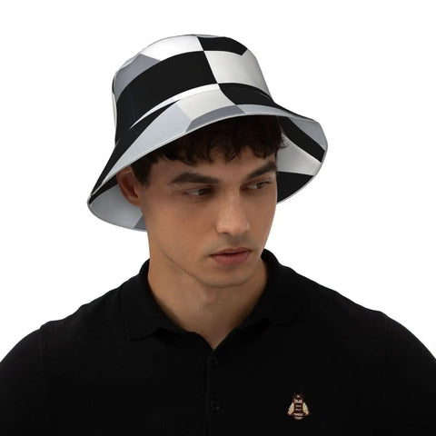 Fire Black And White Piano Grid Print Bucket Hat With Double Sided Reflective Trim unisex lightweight polyester worn by man.