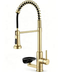 OWOFAN Pull Down Kitchen Faucet with Cup Washer Brushed Gold, featuring a coiled sprayer and built-in cup rinser.