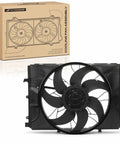 Direct Fit Engine Radiator Cooling Fan Assembly For Mercedes Benz B250 Cla250 C230 C250 C300 C350 2008 To 2019 front view with box.