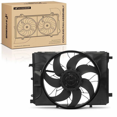 Direct Fit Engine Radiator Cooling Fan Assembly For Mercedes Benz B250 Cla250 C230 C250 C300 C350 2008 To 2019 front view with box.