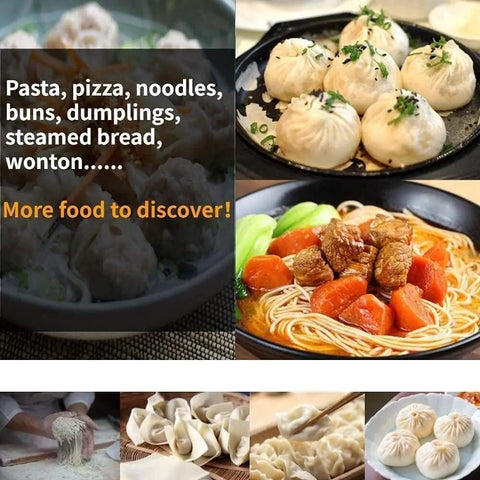 Versatile Electric Noodle Maker And Heavy Duty Pasta Machine With Three Quick Swap Blades For Fresh Spaghetti Fettuccini Lasagna Sheets Plus Dumpling Molds Zero Hassle Home Kitchen Game Changer showcasing various noodles, dumplings, and pasta dishes.