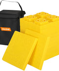 Top Shelf RV Leveling Blocks 12 Pack Stackable Jack Pads With Interlocking Grip And Durable Carry Case For Camper Travel Trailer Custom Height Setup Smooth Sailing With No Hassle, yellow polypropylene pads.