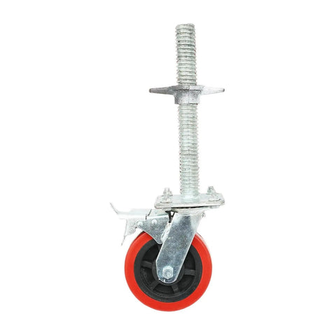 Battle Ready Six Inch Scaffold Casters With Solid Iron Rod And Premium Polypropylene Shell showing adjustable stem and red wheel.