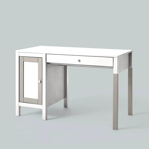 White wooden desk with a drawer and side cabinet, modern design with metallic accents on a light gray background.