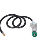 GasSaf 5ft two-stage propane regulator with hose, metal body, black rubber hose, green cylinder connector