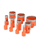 Get Your Drilling Done With This Badass Hole Saw Kit Featuring 11 Sizes From 6mm To 68mm. Vacuum Brazed For Ceramic Tile Marble And Granite. Super Fast Cutting, No Chips Flying Here And There. Comes With Hex Adapter For Instant Install. DIY Warriors And. orange vacuum brazed hole saw kit with 11 diamond bits and hex adapters for tile, marble, and granite