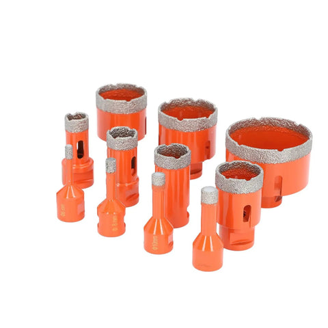 Get Your Drilling Done With This Badass Hole Saw Kit Featuring 11 Sizes From 6mm To 68mm. Vacuum Brazed For Ceramic Tile Marble And Granite. Super Fast Cutting, No Chips Flying Here And There. Comes With Hex Adapter For Instant Install. DIY Warriors And. orange vacuum brazed hole saw kit with 11 diamond bits and hex adapters for tile, marble, and granite