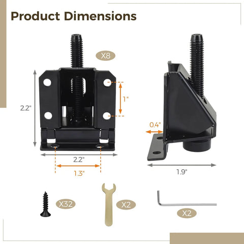 Dimensions of set of eight adjustable furniture feet with hex locking levelers for tables cabinets workbenches shelving units.