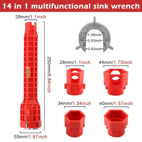14 In 1 Multi Function Faucet And Sink Installer Tool Red Plumbers Wrench For Toilet And Kitchen Jobs With Universal Type A To D Nut Fit For DIYers And Pros with measurements shown
