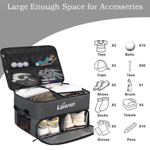 Two Layer Golf Trunk Organizer For Your Car With Ventilated Shoe Compartment And Waterproof Design For Golf Balls Tees Clothes Gloves And Gear Fits Size 11 Shoes The Perfect Gift For Golfers displaying storage capacity