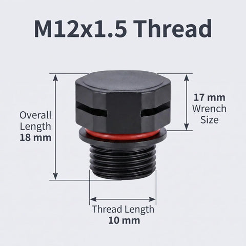M12x1.5 Air Vent Breather Screw with dimensions 18mm overall length, designed for pressure equalization in outdoor enclosures.
