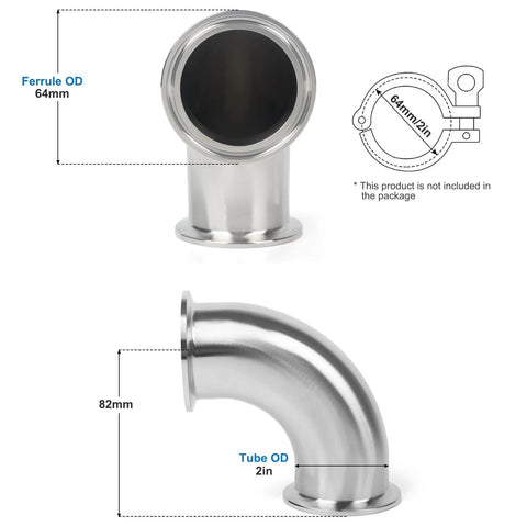 Front view of JMCOLMT stainless steel 2-inch tri-clamp elbow; sanitary pipe fitting.
Side view of JMCOLMT 2-inch elbow; 90-degree stainless sanitary fitting.