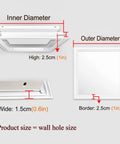 Dimensions infographic for Super Slick Ceiling Access Panel For Drywall With Heavy Duty Aluminum Frame and Paint Ready White, showing inner and outer diameters.