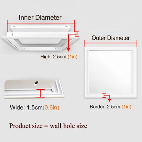Dimensions infographic for Super Slick Ceiling Access Panel For Drywall With Heavy Duty Aluminum Frame and Paint Ready White, showing inner and outer diameters.