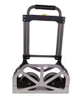 Magna Cart Elite folding hand truck, 200 lb capacity, silver aluminum frame with black handle, front view