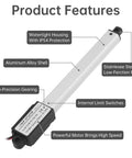 Go-To 12V Mini Linear Actuator with 50mm Stroke, waterproof housing, aluminum alloy shell, and included mounting bracket.