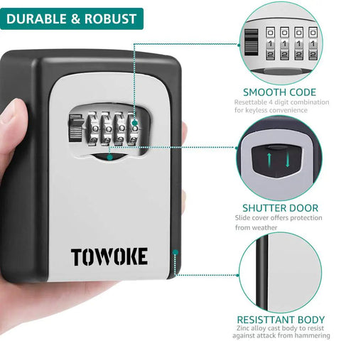 Close-up of Outdoor Key Lock Box Wall Mount Waterproof Safe With Resettable Combination Code Zinc Alloy Key Storage Box