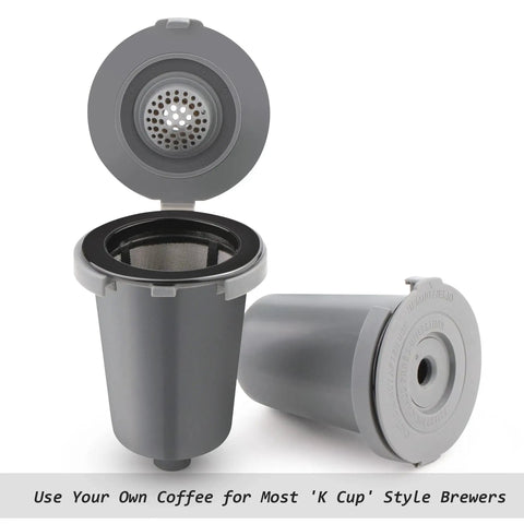Reusable Filter Cup For Cuisinart HomeBarista Coffee Maker Gray 2 Pack, Easy Clean displayed open and closed on a white surface
