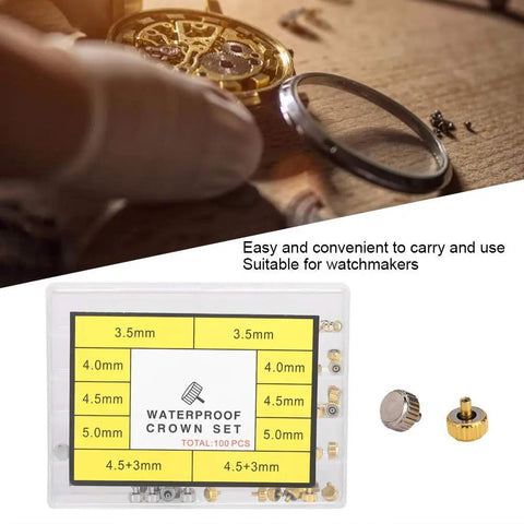 Copper Watch Crown Screws Replacement Parts Kit For Tiny Screws And Back Opener Tools with open kit and watch parts visible