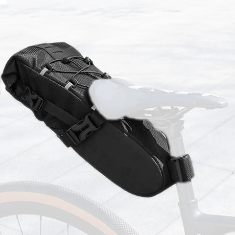 Rainproof 5.8L Bike Saddle Bag With Expandable Storage And Reflective Straps, mounted on a bike seat, polyester nylon material