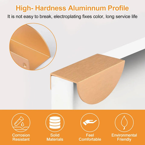 Side view of 2 Pack Finger Edge Pull Self Stick Cabinet Drawer Pulls Aluminum Alloy Semi Circle Double Hole Handle in brushed gold finish.