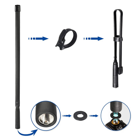 Dual Band VHF UHF 136 520 MHz Foldable CS Tactical Ham Radio Antenna 18.5 Inch SMA Female Omni Directional 3.5 dBi Gain 50 Ohm 8W Max Compatible With Wouxun Baofeng UV F8HP UV 5R UV 82 GT 3 Handheld, showing assembly steps.