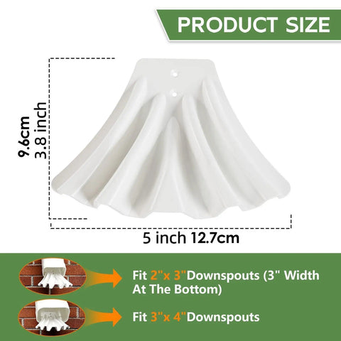 Heavy Duty Downspout Diverter Extension For Rain Drainage Keeps Foundations Dry And Yard Clean Gutter Water Redirector For Home Garden Deck Patio Lawn Porch Driveway Walkway Easy Install And Weather Ready in white, fits 2x3 & 3x4 downspouts with size illustration.