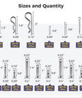 Size chart of Heavy Duty Stainless Steel Clevis Pin And Cotter Clip Kit 122 Piece All In One Fastener Set With M6 M8 Pins And M1.5 M2 M3 Clips