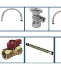 10-piece plumbing fittings assortment: brass angle stop valve, compression fittings, traps, and drain parts in chrome/brass.