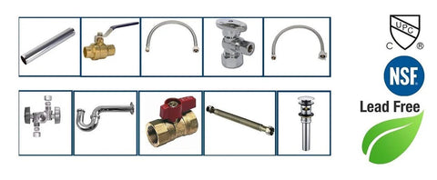 10-piece plumbing fittings assortment: brass angle stop valve, compression fittings, traps, and drain parts in chrome/brass.