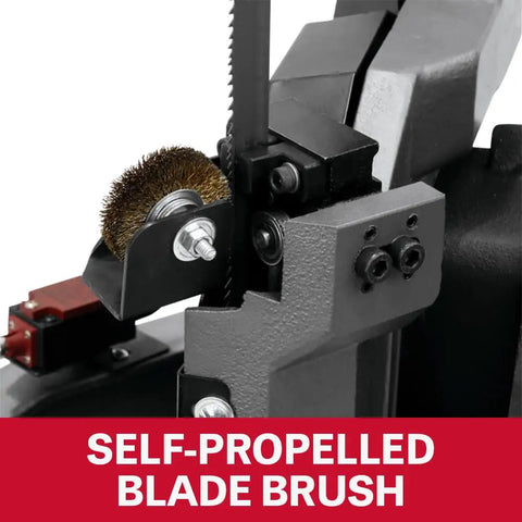 Geared Head 8 In By 14 In Metal Cutting Horizontal Band Saw With 1 HP Motor 115 230V Single Phase Hydraulic Downfeed Self Propelled Blade Brush Heavy Duty Gear Transmission Built Tough