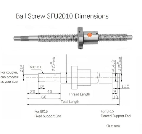 Diagram showing dimensions of SFU2010 Ball Screw 2300mm Linear Motion Kit With Anti Backlash Nut Heavy Duty CNC Ballscrew Set