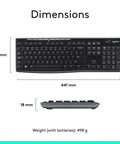 Front and side views of MK270 Wireless Keyboard with dimensions 441x149x18mm, designed for Windows, black color shown.