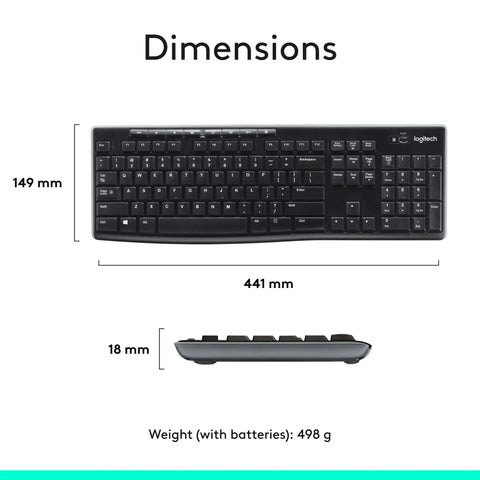 Front and side views of MK270 Wireless Keyboard with dimensions 441x149x18mm, designed for Windows, black color shown.