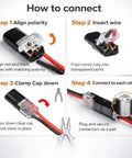 How-to guide for One-Second No Tool Wire Connectors With Locking Buckle For Quick Splice, showing step-by-step connection process.