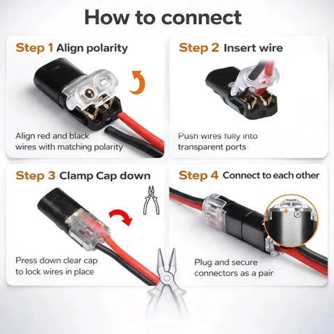 How-to guide for One-Second No Tool Wire Connectors With Locking Buckle For Quick Splice, showing step-by-step connection process.