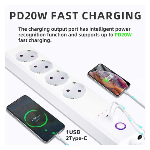 Straight Up Heavy Duty Smart Power Strip With Four EU Outlets And Serious 3500 Watt Surge Capacity Voice And App Controlled Extension Board Matter Ready For Hassle Free Smart Home Setup showing fast charging phones connected.