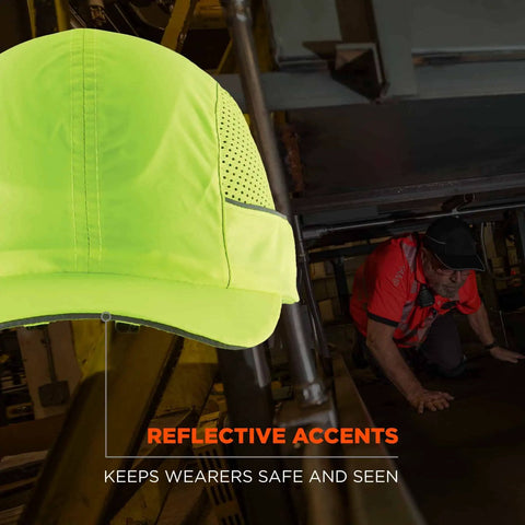 LED Brim Safety Bump Cap Baseball Style Long Brim Work Hat With Front Light, 23 Lumen Dual Action LED, lime color