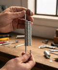 Solid Build 3-5/8 Stainless Steel Recliner Mechanism Tension Spring With Long Neck Hook being held in hand, tools visible in background.