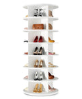 7 Tier Rotating Shoe Rack With 360 Degree Spin, Holds 28-32 Pairs, white lazy susan style shoe organizer with shoes and bags displayed