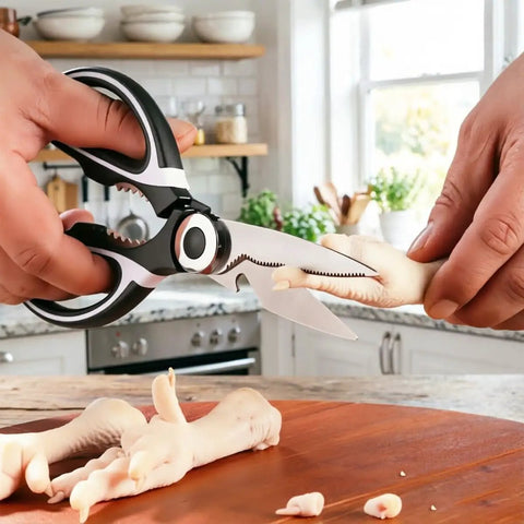 Stainless Steel Kitchen Shears Heavy Duty Utility All Purpose Ultra Sharp Scissors For Food Prep And Cooking Kitchen Shears For Cutting Meat Herbs Poultry And Various Kitchen Tasks cutting raw poultry on a kitchen counter