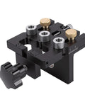 Heavy Duty Aluminum Woodworking Doweling Jig Kit with self-centering steel bushings and adjustable knobs for precise drilling.